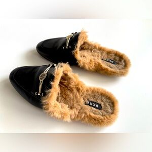 DKNY Black Leather and Fur Mules. Size 9